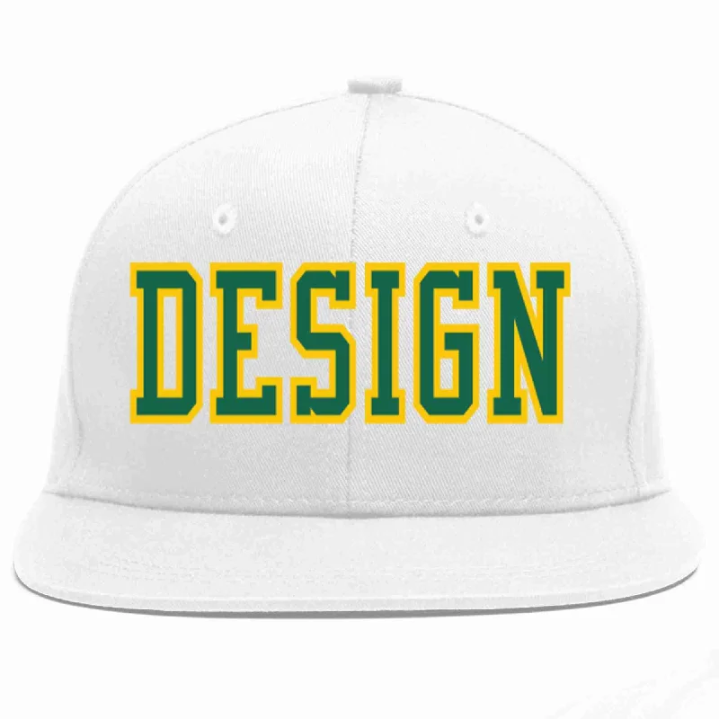 Baseball Cap For Football Fans-Custom White Kelly Green-Gold Flat Eaves Sport Baseball Cap Design for Men/Women/Youth