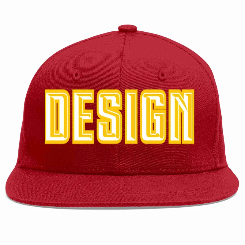 Baseball Cap For Bulk Orders-Custom Red White-Gold Flat Eaves Sport Baseball Cap Design for Men/Women/Youth