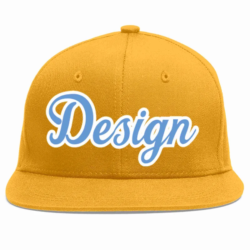 Baseball Cap For Sporting Events-Custom Gold Light Blue-White Flat Eaves Sport Baseball Cap Design for Men/Women/Youth