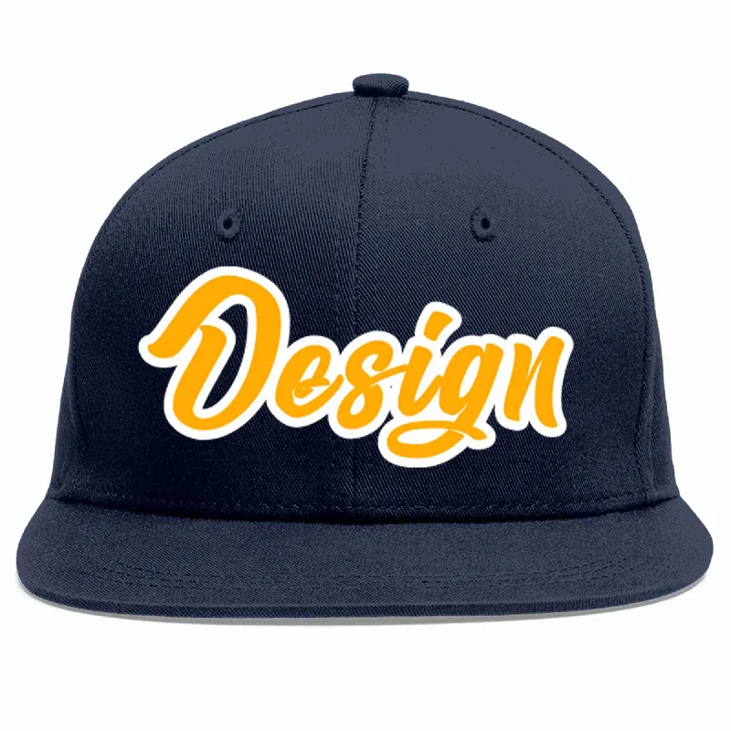 Baseball Cap For Men-Custom Navy Yellow-White Flat Eaves Sport Baseball Cap Design for Men/Women/Youth