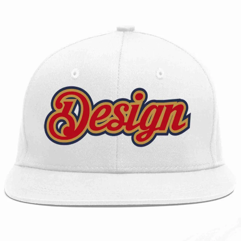 Baseball Cap For Hiking-Custom White Red-Old Gold Flat Eaves Sport Baseball Cap Design for Men/Women/Youth