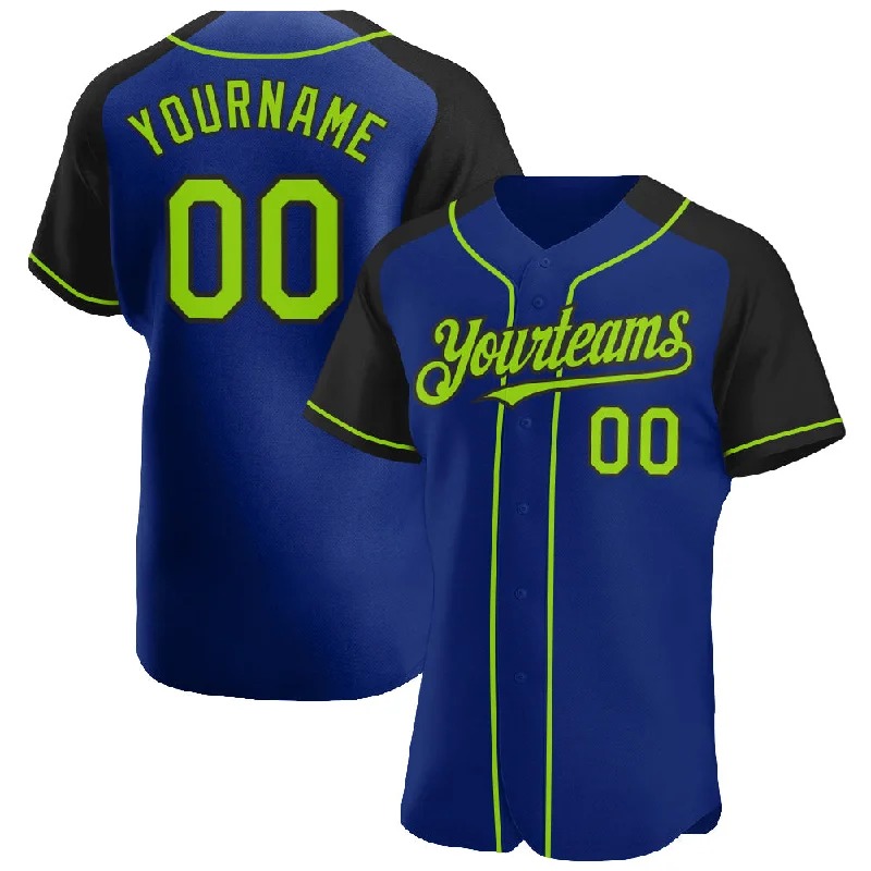 Baseball Jersey For Baseball Sportswear-Custom Royal Neon Green-Black Authentic Raglan Sleeves Baseball Jersey