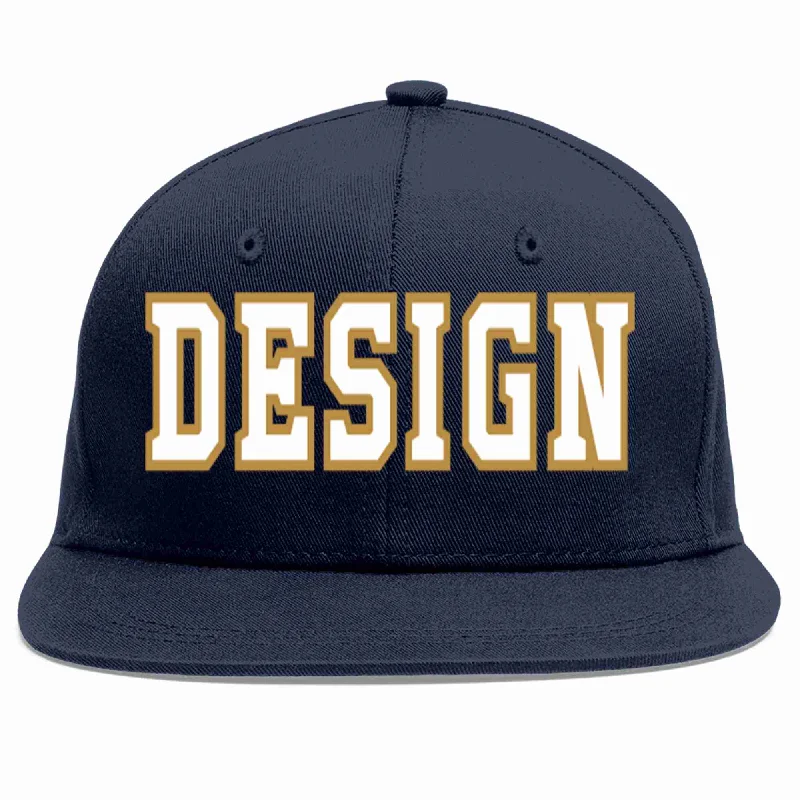 Baseball Cap With Custom Team Colors-Custom Navy White-Old Gold Flat Eaves Sport Baseball Cap Design for Men/Women/Youth