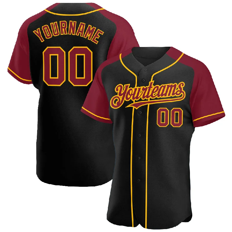 Baseball Jersey For Sports Clubs-Custom Black Crimson-Gold Authentic Raglan Sleeves Baseball Jersey