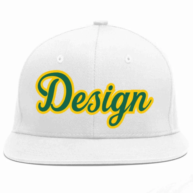 Baseball Cap With Team Branding-Custom White Kelly Green-Gold Flat Eaves Sport Baseball Cap Design for Men/Women/Youth