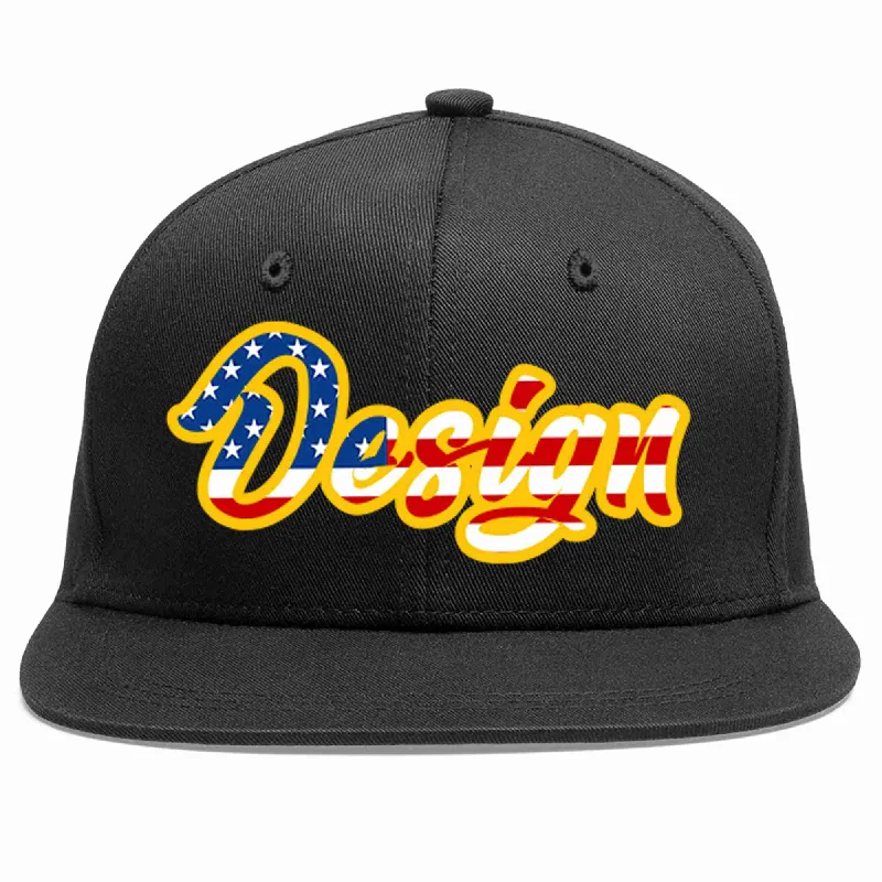 Baseball Cap For Sports Fan Gear-Custom Black Vintage?USA?Flag-Gold Flat Eaves Sport Baseball Cap Design for Men/Women/Youth