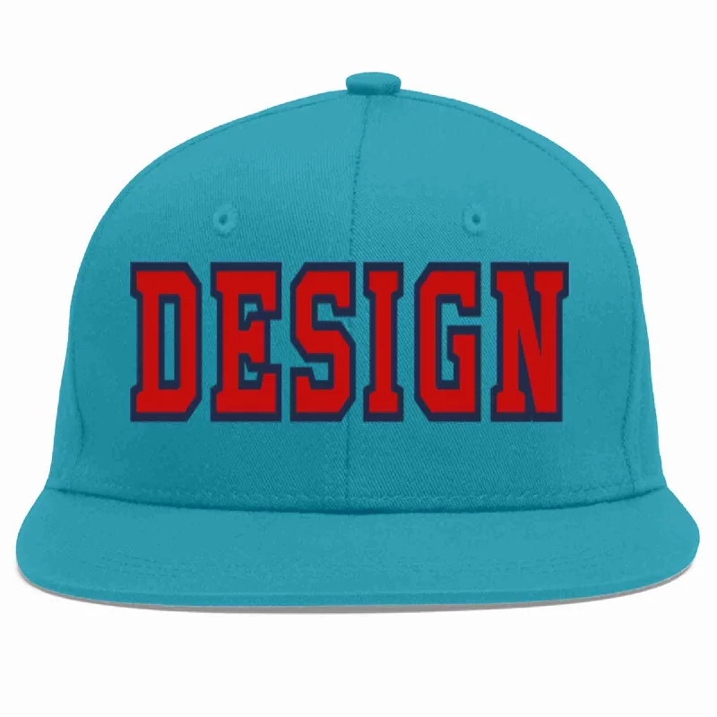 Baseball Cap For Athletic Apparel-Custom Aqua Red-Navy Flat Eaves Sport Baseball Cap Design for Men/Women/Youth