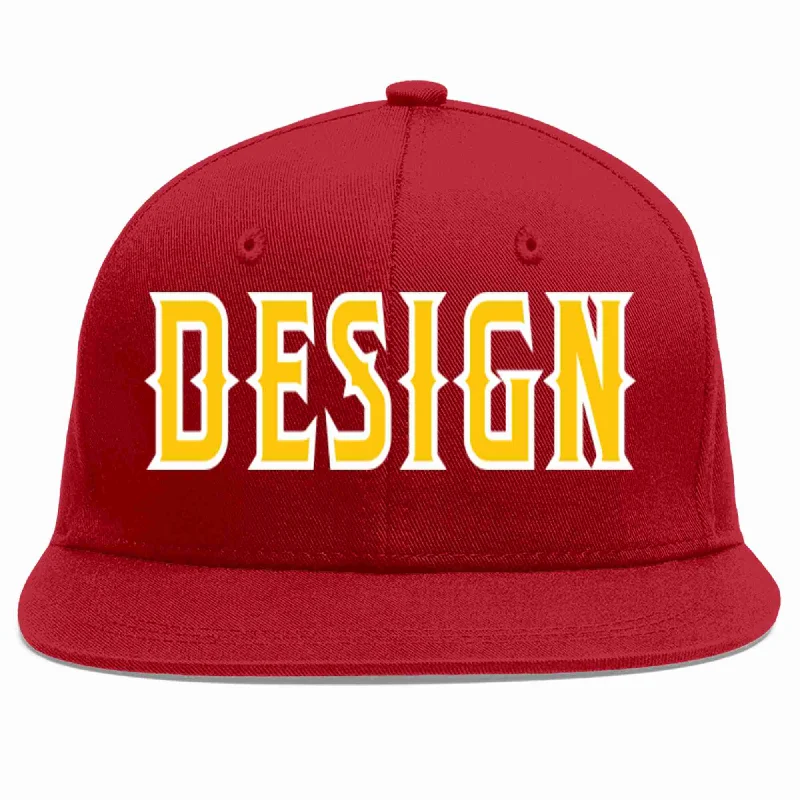 Baseball Cap For Personalized Fan Apparel-Custom Red Gold-White Flat Eaves Sport Baseball Cap Design for Men/Women/Youth