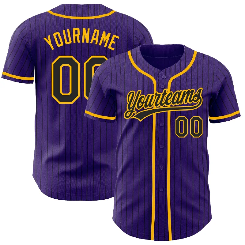 Baseball Jersey With Player Number-Custom Purple Black Pinstripe Black-Gold Authentic Baseball Jersey