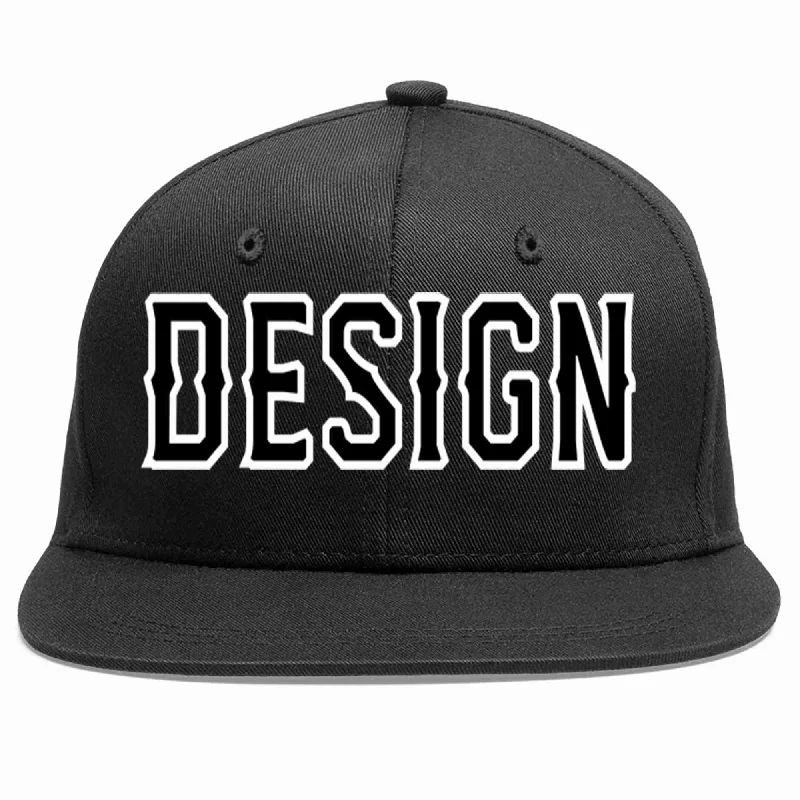 Baseball Cap For College Teams-Custom Black Black-White Flat Eaves Sport Baseball Cap Design for Men/Women/Youth