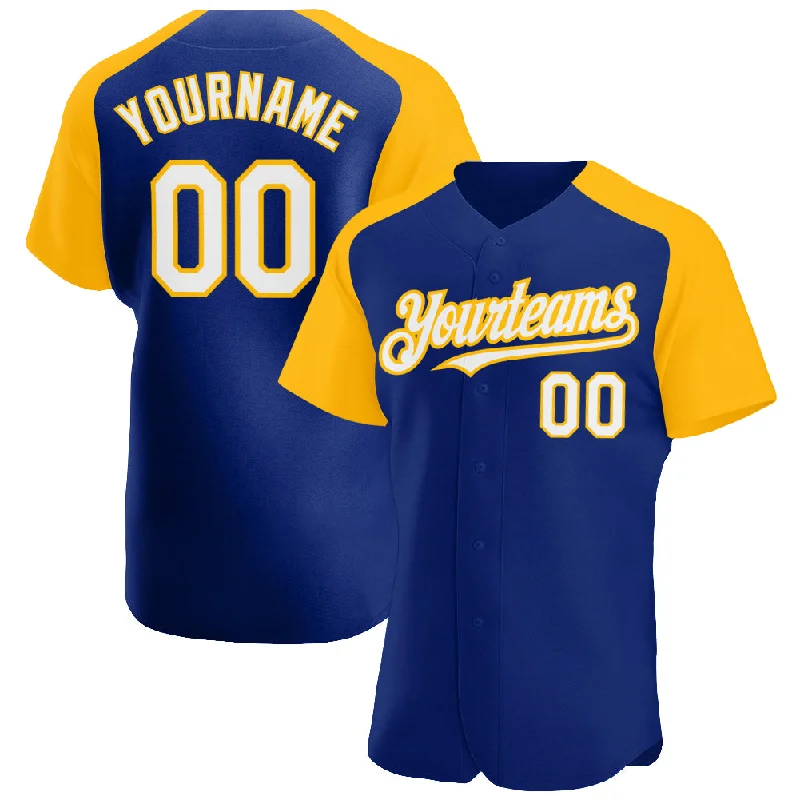 Baseball Jersey For Regional Teams-Custom Royal White-Gold Authentic Raglan Sleeves Baseball Jersey