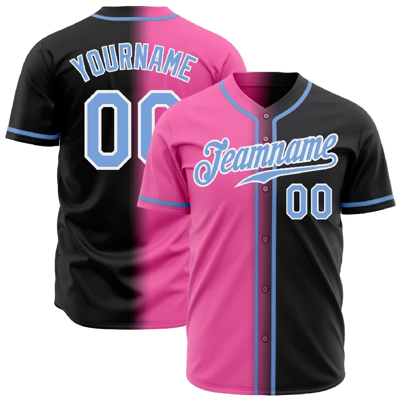 Baseball Jersey With Sponsor Logo-Custom Black Light Blue Pink-White Authentic Gradient Fashion Baseball Jersey