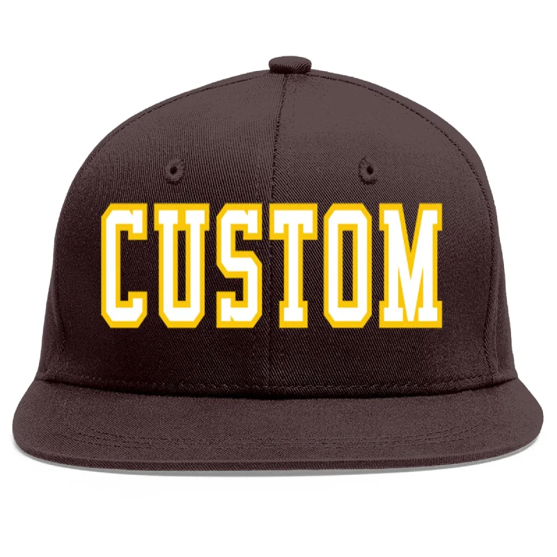 Baseball Cap For Sports Apparel Customization-Custom Brown White-Gold Flat Eaves Sport Baseball Cap