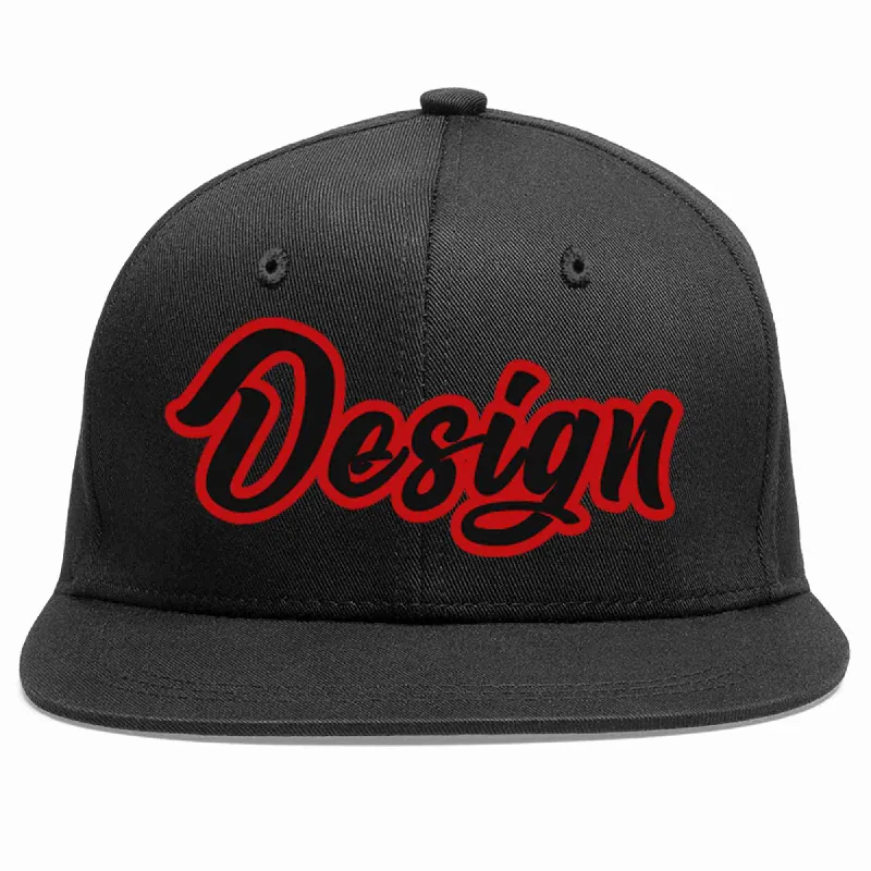 Baseball Cap For Custom Street Style-Custom Black Black-Red Flat Eaves Sport Baseball Cap Design for Men/Women/Youth