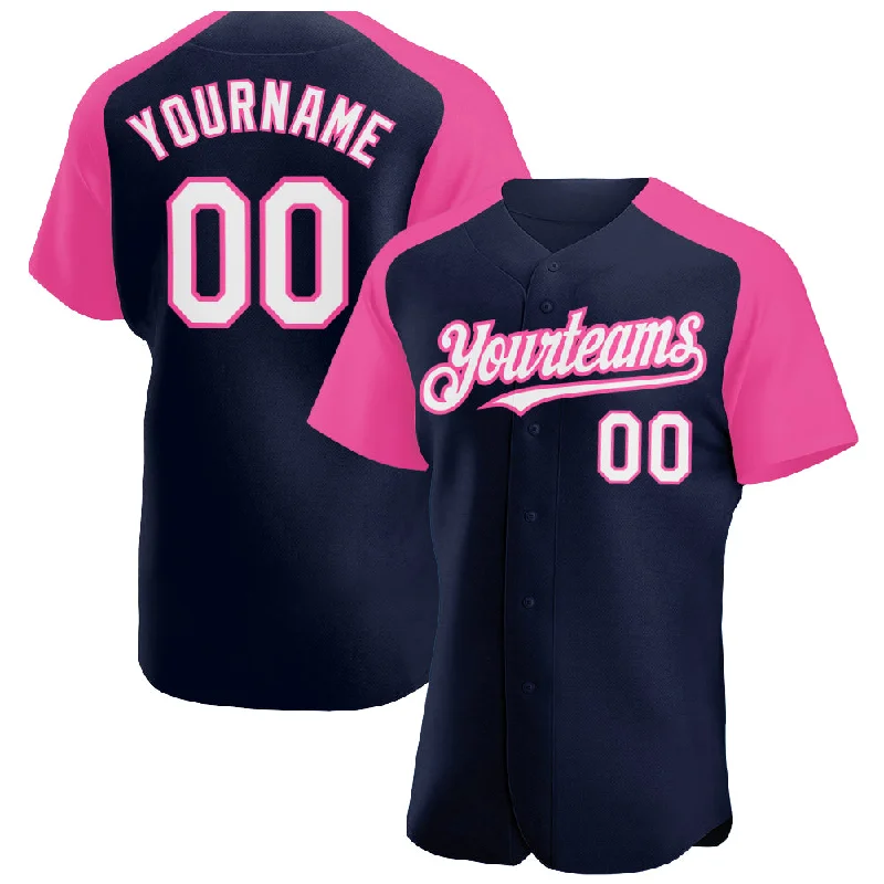 Baseball Jersey For Baseball Players-Custom Navy White-Pink Authentic Raglan Sleeves Baseball Jersey