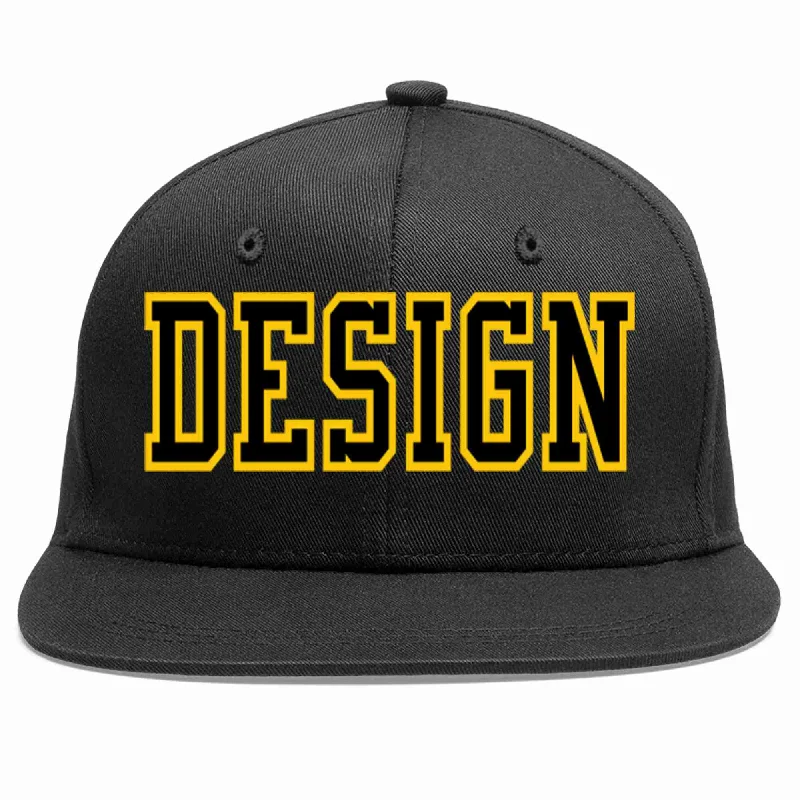 Baseball Cap With Velcro Closure-Custom Black Black-Gold Flat Eaves Sport Baseball Cap Design for Men/Women/Youth