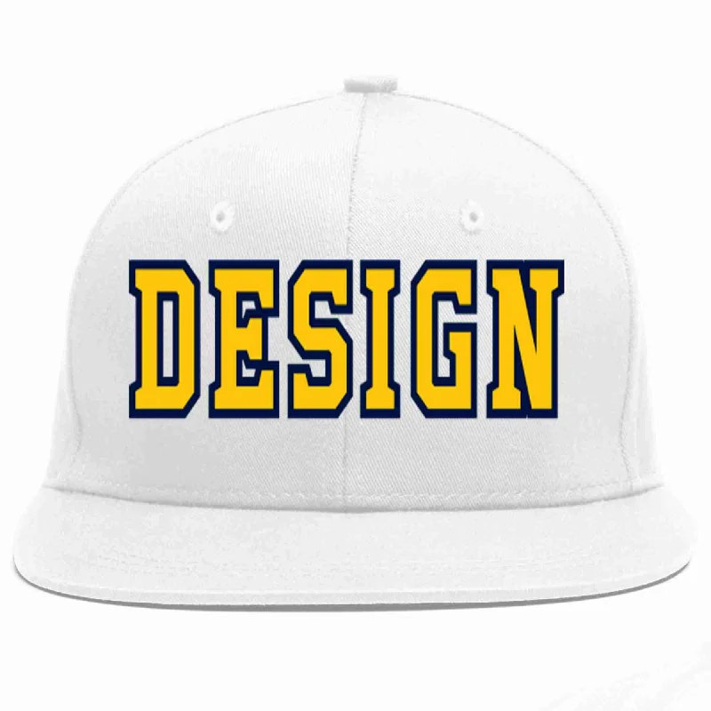 Baseball Cap For Custom Merchandise-Custom White Gold-Navy Flat Eaves Sport Baseball Cap Design for Men/Women/Youth