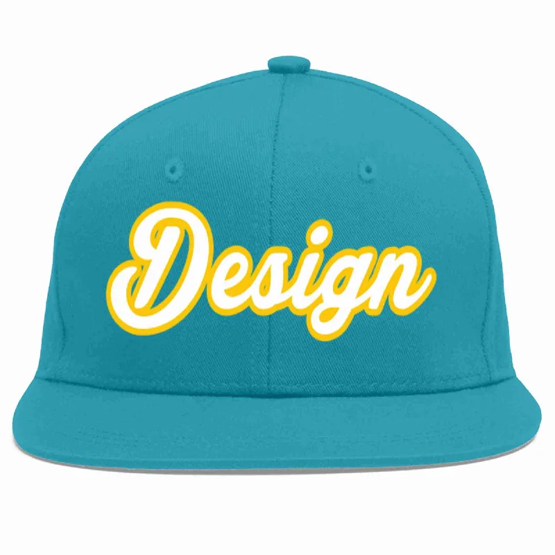 Personalized Snapback Baseball Cap-Custom Aqua White-Gold Flat Eaves Sport Baseball Cap Design for Men/Women/Youth