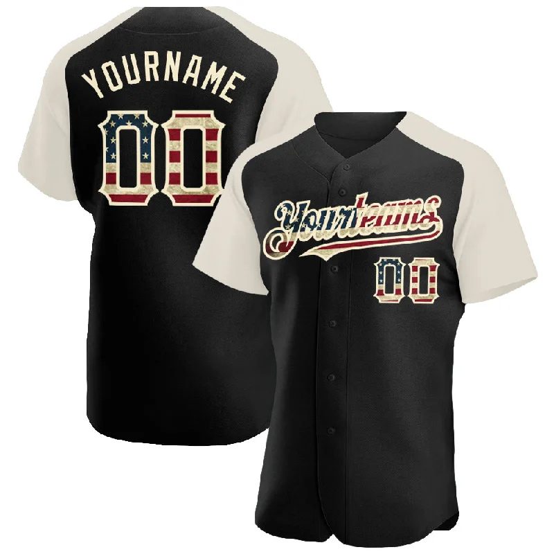 Baseball Jersey With Unique Design-Custom Black Vintage USA Flag-Cream Authentic Raglan Sleeves Baseball Jersey