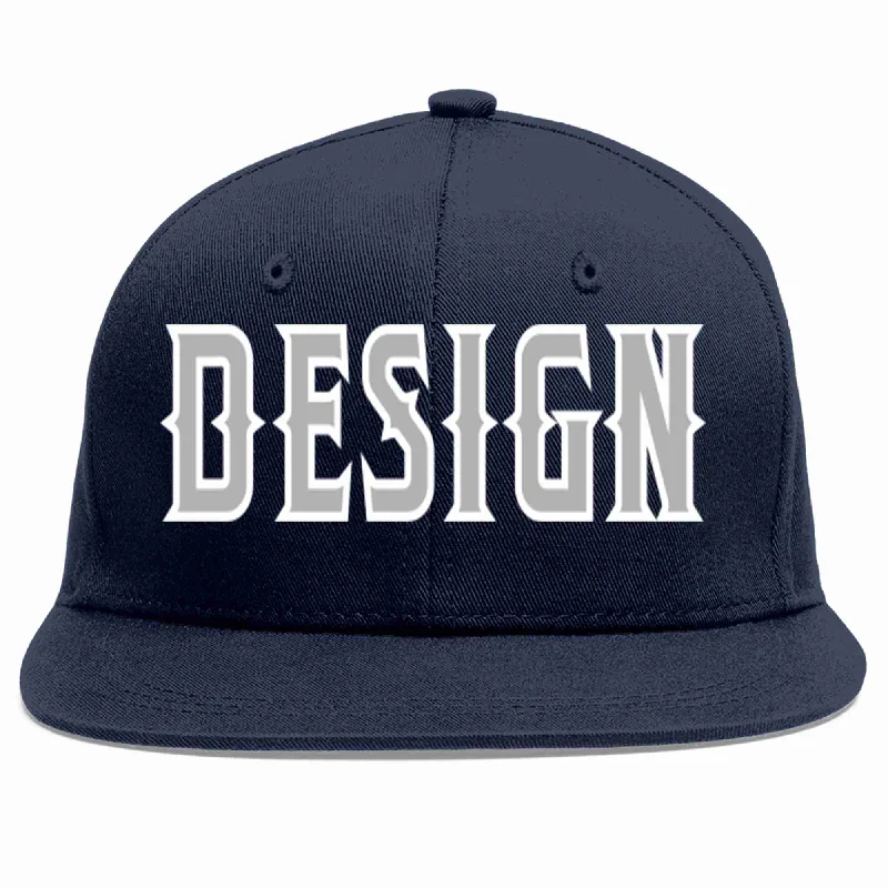 Baseball Cap With Signature Designs-Custom Navy Gray-White Flat Eaves Sport Baseball Cap Design for Men/Women/Youth