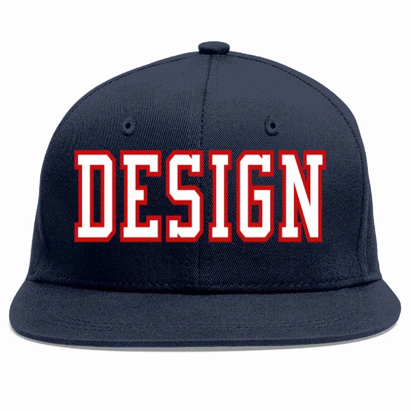 Baseball Cap For Professional Teams-Custom Navy White-Red Flat Eaves Sport Baseball Cap Design for Men/Women/Youth