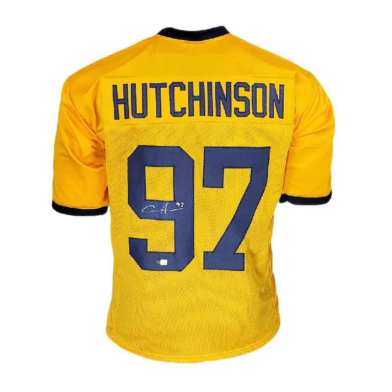 Rugby Jersey With Embroidery-Aidan Hutchinson Signed Michigan College Yellow Football Jersey (Beckett)