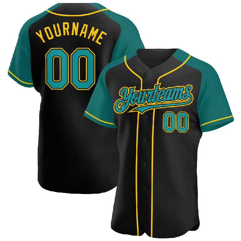 Baseball Jersey With Custom Sleeve Design-Custom Black Teal-Yellow Authentic Raglan Sleeves Baseball Jersey