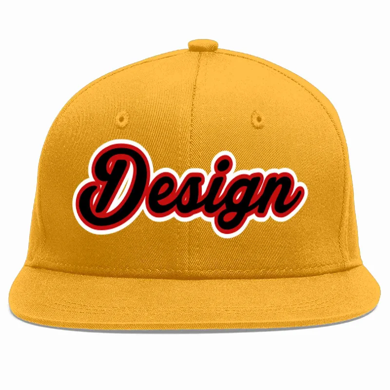 Embroidered Baseball Cap-Custom Gold Black-Red Flat Eaves Sport Baseball Cap Design for Men/Women/Youth