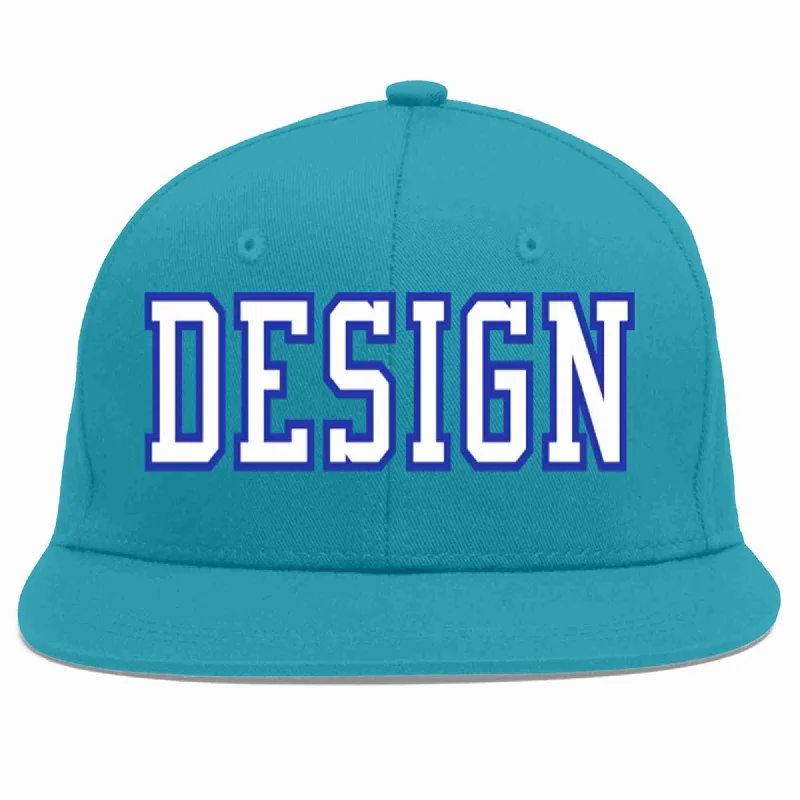 Baseball Cap With Custom Embroidery-Custom Aqua White-Royal Flat Eaves Sport Baseball Cap Design for Men/Women/Youth