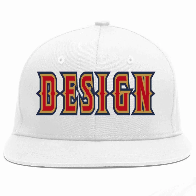 Baseball Cap For High School Teams-Custom White Red-Old Gold Flat Eaves Sport Baseball Cap Design for Men/Women/Youth