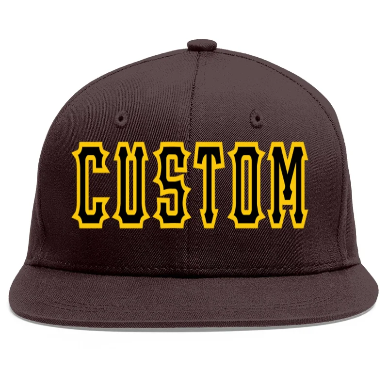 Custom Baseball Cap For Promotions-Custom Brown Black-Gold Flat Eaves Sport Baseball Cap