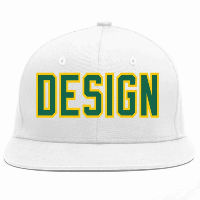 Baseball Cap For Team Gifts-Custom White Kelly Green-Gold Flat Eaves Sport Baseball Cap Design for Men/Women/Youth