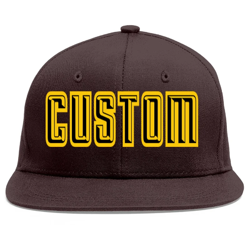 Custom Embroidered Baseball Cap-Custom Brown Black-Gold Flat Eaves Sport Baseball Cap