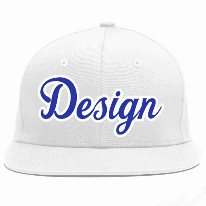 Baseball Cap For Athletic Apparel-Custom White Royal-White Flat Eaves Sport Baseball Cap Design for Men/Women/Youth