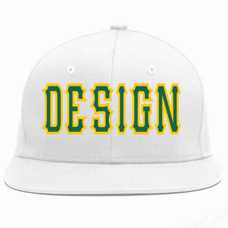 Baseball Cap For Seasonal Styles-Custom White Kelly Green-Gold Flat Eaves Sport Baseball Cap Design for Men/Women/Youth