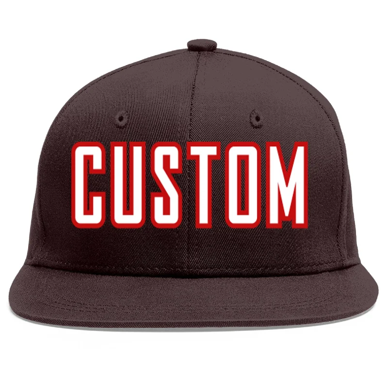 Baseball Cap For Sporting Events-Custom Brown White-Red Flat Eaves Sport Baseball Cap