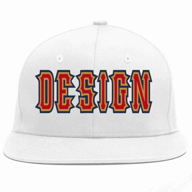 Baseball Cap For Custom Customization-Custom White Red-Old Gold Flat Eaves Sport Baseball Cap Design for Men/Women/Youth