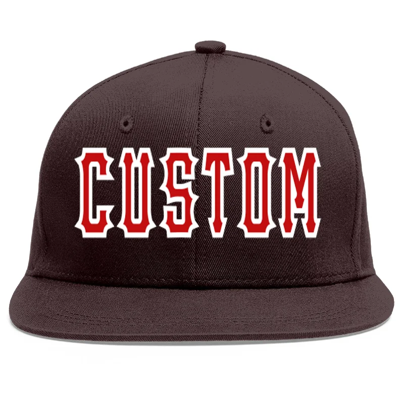 Baseball Cap For School Teams-Custom Brown Red-White Flat Eaves Sport Baseball Cap