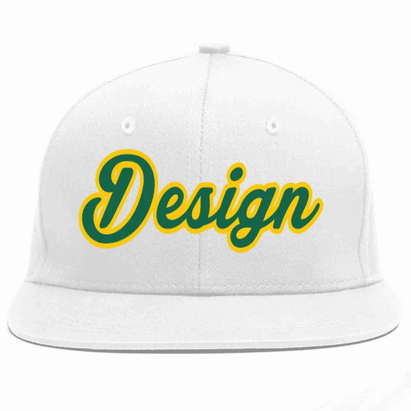 Baseball Cap With Iconic Logos-Custom White Kelly Green-Gold Flat Eaves Sport Baseball Cap Design for Men/Women/Youth