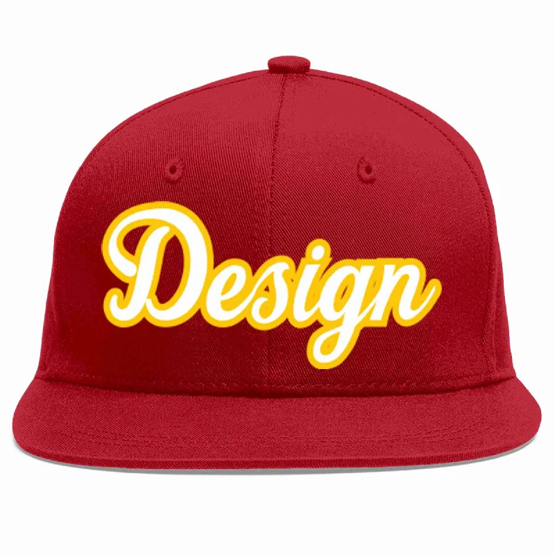 Baseball Cap For Signature Collection-Custom Red White-Gold Flat Eaves Sport Baseball Cap Design for Men/Women/Youth