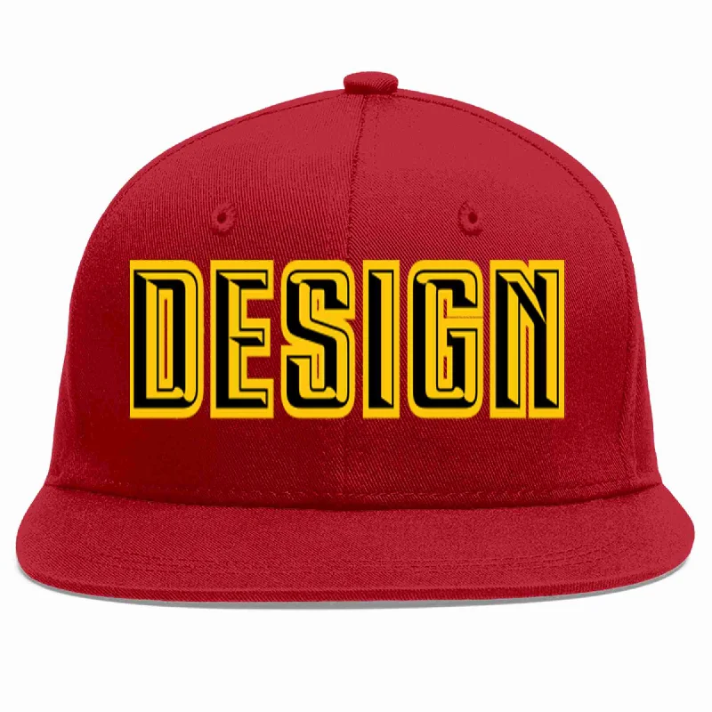 Baseball Cap For High School Teams-Custom Red Black-Gold Flat Eaves Sport Baseball Cap Design for Men/Women/Youth