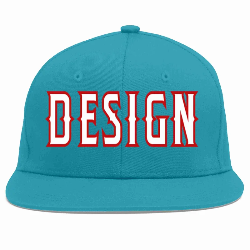 Baseball Cap For Limited Edition Styles-Custom Aqua White-Red Flat Eaves Sport Baseball Cap Design for Men/Women/Youth