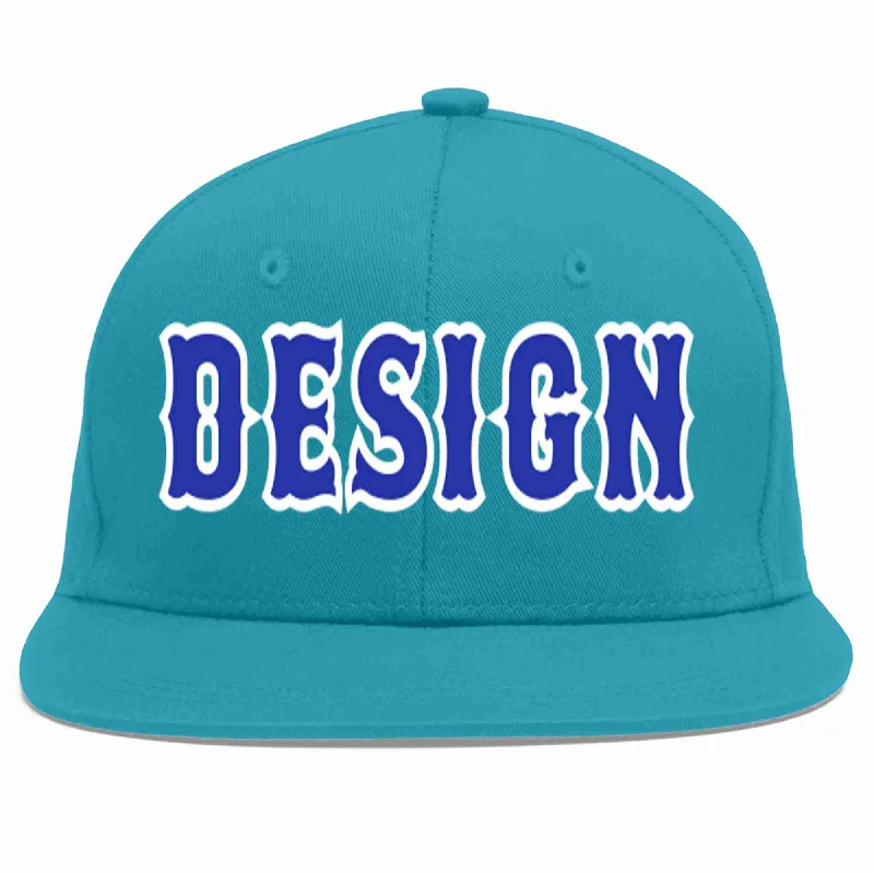 Baseball Cap With Company Branding-Custom Aqua Royal-White Flat Eaves Sport Baseball Cap Design for Men/Women/Youth