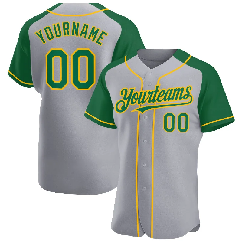 Baseball Jersey With Logo Branding-Custom Gray Kelly Green-Gold Authentic Raglan Sleeves Baseball Jersey