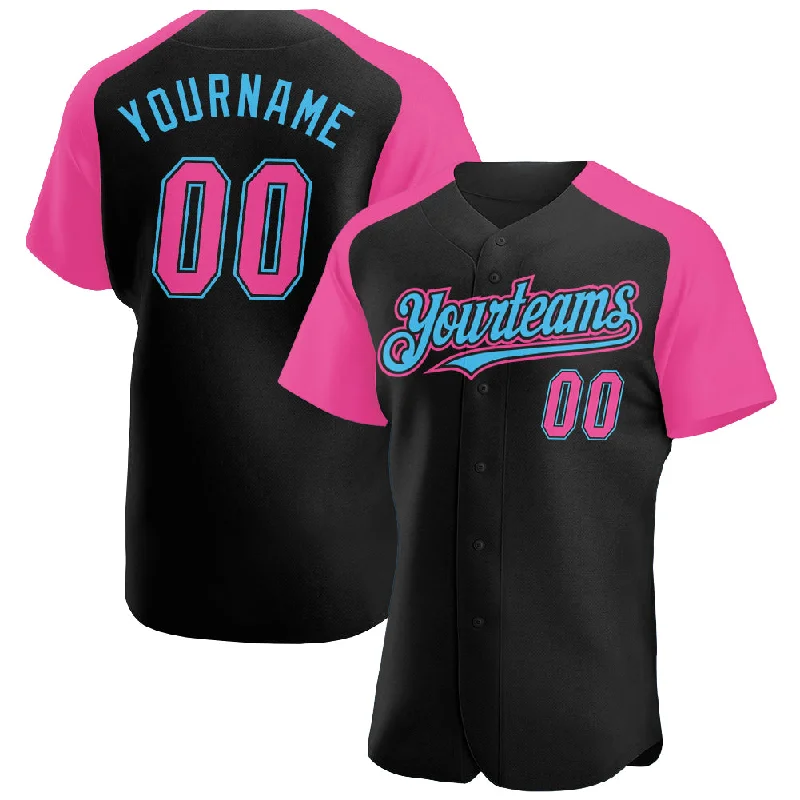 Baseball Jersey For Baseball Fans Apparel-Custom Black Pink-Sky Blue Authentic Raglan Sleeves Baseball Jersey