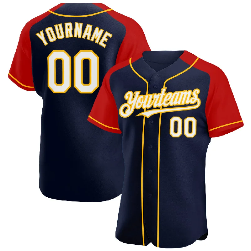 Baseball Jersey With Company Logo-Custom Navy White Red-Gold Authentic Raglan Sleeves Baseball Jersey