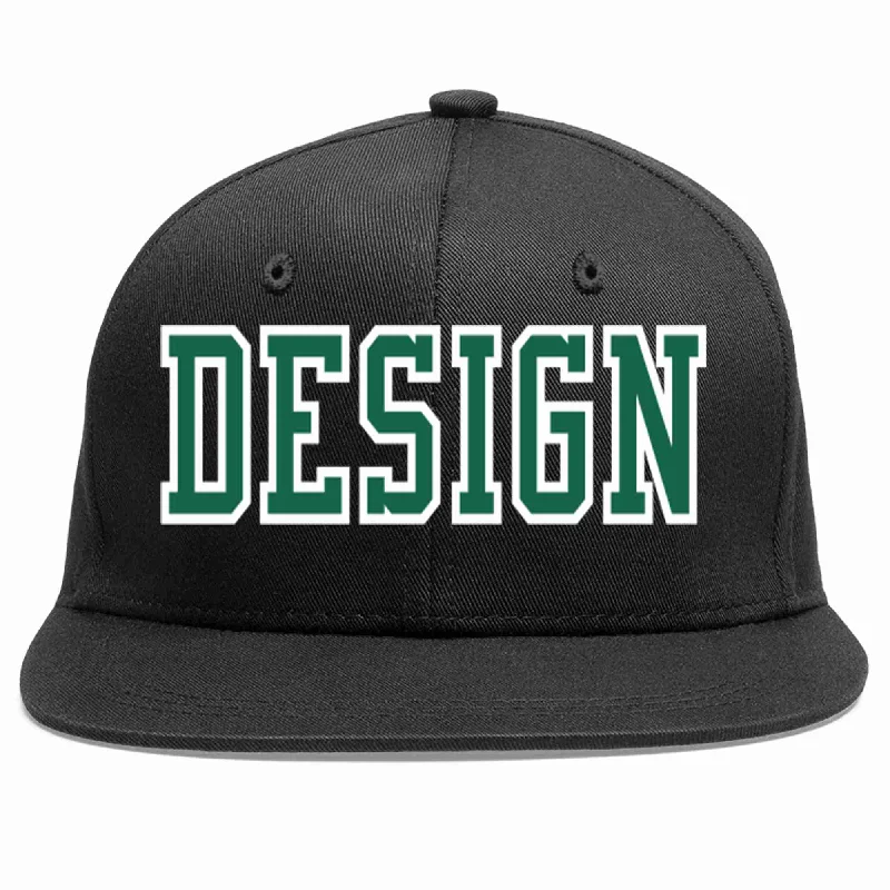 Baseball Cap With Sports Number-Custom Black Kelly Green-White Flat Eaves Sport Baseball Cap Design for Men/Women/Youth