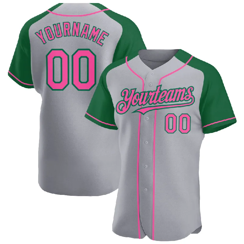 Baseball Jersey For Business Branding-Custom Gray Pink-Kelly Green Authentic Raglan Sleeves Baseball Jersey