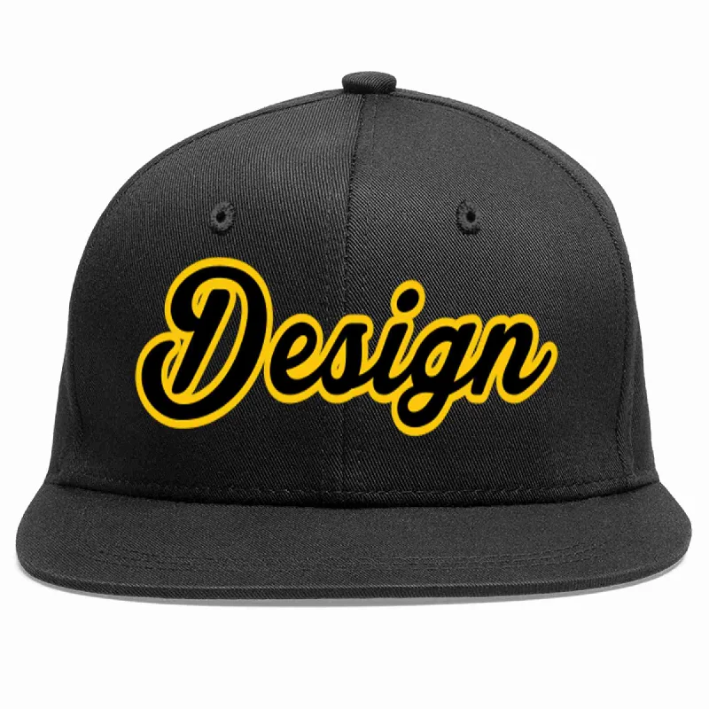 Baseball Cap With Team Branding-Custom Black Black-Gold Flat Eaves Sport Baseball Cap Design for Men/Women/Youth