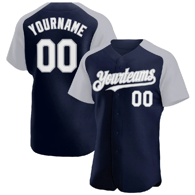 Baseball Jersey For All-Weather Protection-Custom Navy White-Gray Authentic Raglan Sleeves Baseball Jersey